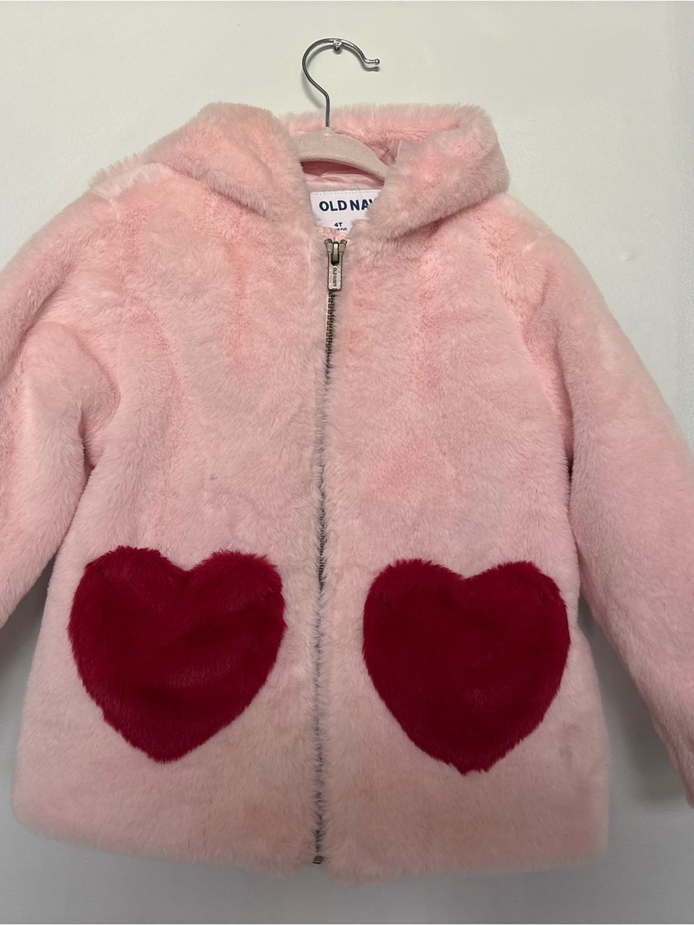 Old Navy Pink Faux-Fur Hooded Puffer with Red Heart Pockets